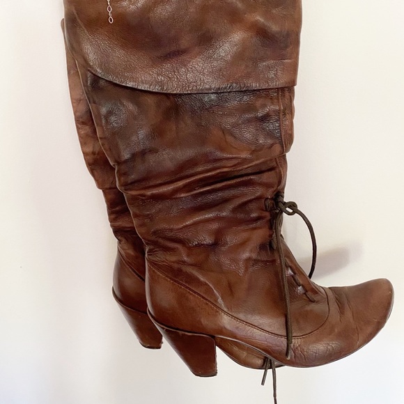 Brown leather marble style lace up heel boots - Picture 3 of 13